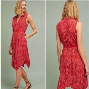 Anthropologie Maeve Vicki Sleeveless Shirt Dress Red Geometric Size 00‎